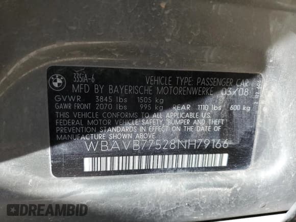 ✅ 2008 BMW 3 Series 335i • VIN: WBAVB77528NH79166 • Lot: 42581265. Listed on Copart with 220,221 mi. Free auction sales archive from the USA and detailed vehicle history report at DreamBid. Image 12.