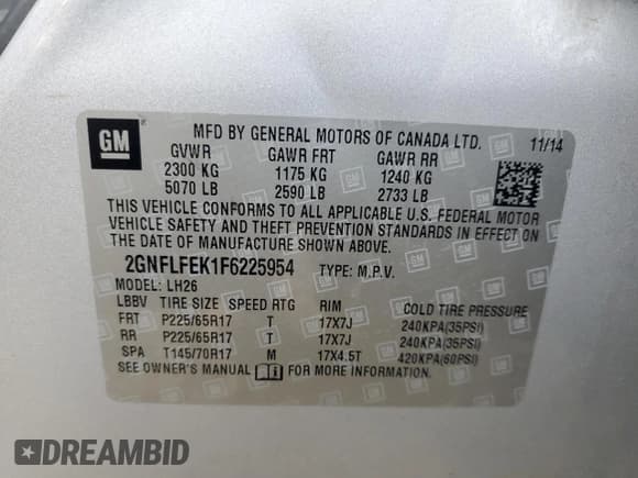 ✅ 2015 Chevrolet Equinox LT • VIN: 2GNFLFEK1F6225954 • Лот: 89926705. Опубликован ранее на Copart с пробегом 132 614 миль. Бесплатный доступ к архиву аукционных продаж из США и подробный отчёт об истории автомобиля на DreamBid. Изображение 13.