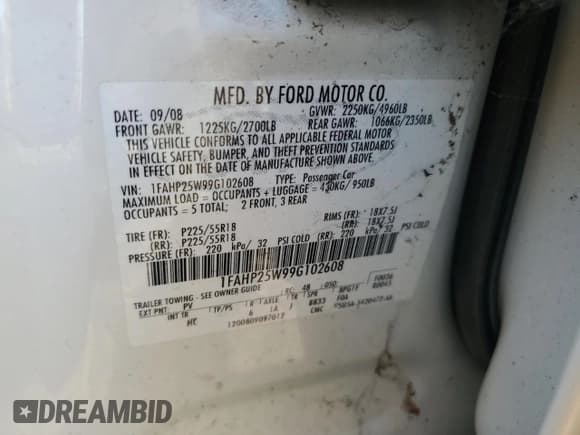 ✅ 2009 Ford Taurus Limited • VIN: 1FAHP25W99G102608 • Lot: 87076885. Listed on Copart with 91,318 mi. Free auction sales archive from the USA and detailed vehicle history report at DreamBid. Image 12.