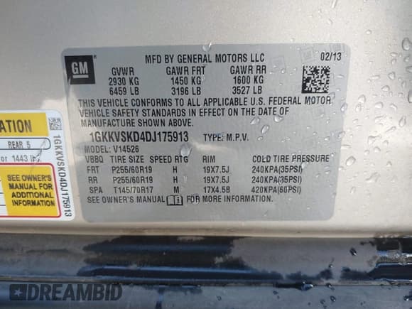 ✅ 2013 GMC Acadia SLT • VIN: 1GKKVSKD4DJ175913 • Lot: 43398448. Listed on IAAI with 90,063 mi. Free auction sales archive from the USA and detailed vehicle history report at DreamBid. Image 9.