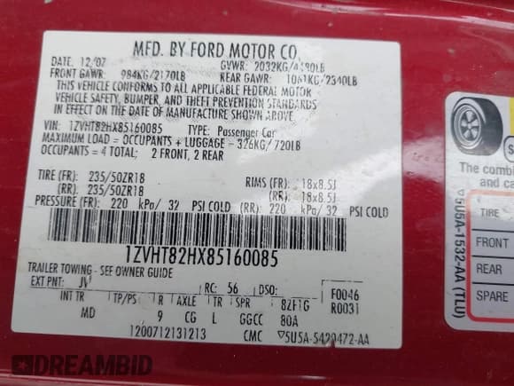 ✅ 2008 Ford Mustang GT Deluxe • VIN: 1ZVHT82HX85160085 • Lot: 42987911. Listed on IAAI with 170,479 mi. Free auction sales archive from the USA and detailed vehicle history report at DreamBid. Image 9.