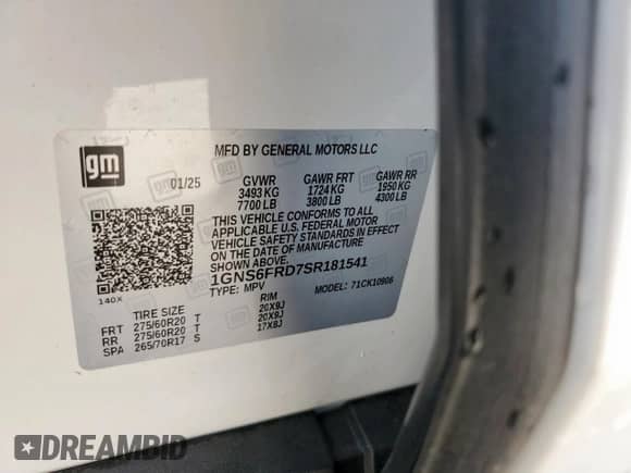 2025 Chevrolet Suburban Premier with VIN 1GNS6FRD7SR181541, listed as a Copart auction lot 64447805 with 2,843 mi miles and Salvage title. Bid and sale history available at DreamBid. Image 13.