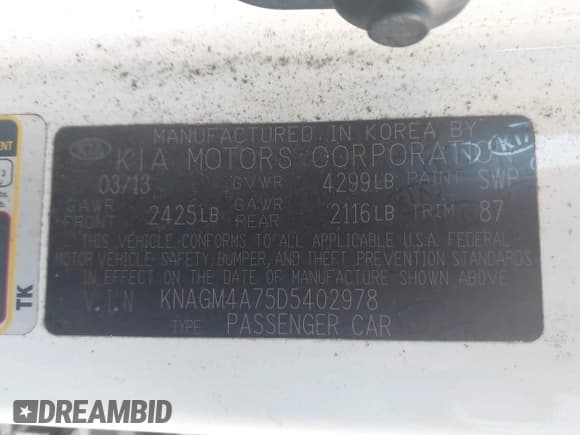 ✅ 2013 Kia Optima LX • VIN: KNAGM4A75D5402978 • Лот: 43534174. Опубликован ранее на IAAI с пробегом 179 485 миль. Бесплатный доступ к архиву аукционных продаж из США и подробный отчёт об истории автомобиля на DreamBid. Изображение 9.