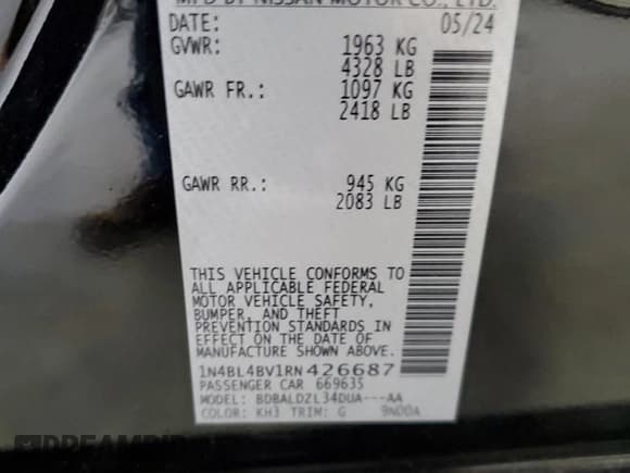 ✅ 2024 Nissan Altima S • VIN: 1N4BL4BV1RN426687 • Lot: 92205785. Listed on Copart with 2,933 mi. Free auction sales archive from the USA and detailed vehicle history report at DreamBid. Image 13.