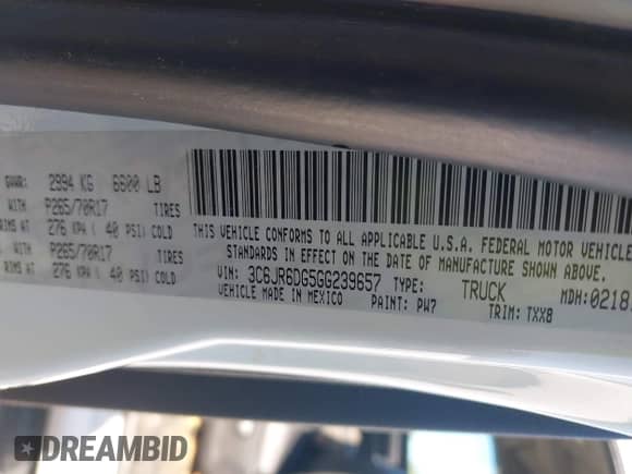 2016 Ram 1500 Tradesman z VIN 3C6JR6DG5GG239657, wystawiony jako IAAI lot #42068193 z przebiegiem 161 465 mil mil oraz . Historia ofert i sprzedaży dostępna na DreamBid. Obrazek 9.