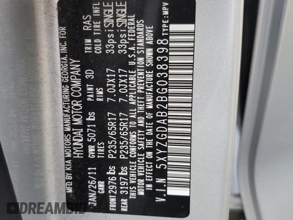 ✅ 2011 Hyundai Santa Fe GLS • VIN: 5XYZGDAB2BG038398 • Lot: 64391274. Listed on Copart with 127,770 mi. Free auction sales archive from the USA and detailed vehicle history report at DreamBid. Image 12.