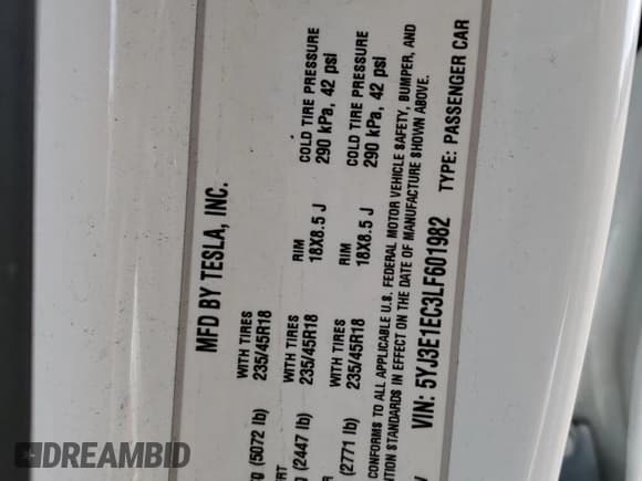 ✅ 2020 Tesla Model 3 Performance • VIN: 5YJ3E1EC3LF601982 • Лот: 84282895. Опубликован ранее на Copart с пробегом 59 022 миль. Бесплатный доступ к архиву аукционных продаж из США и подробный отчёт об истории автомобиля на DreamBid. Изображение 12.