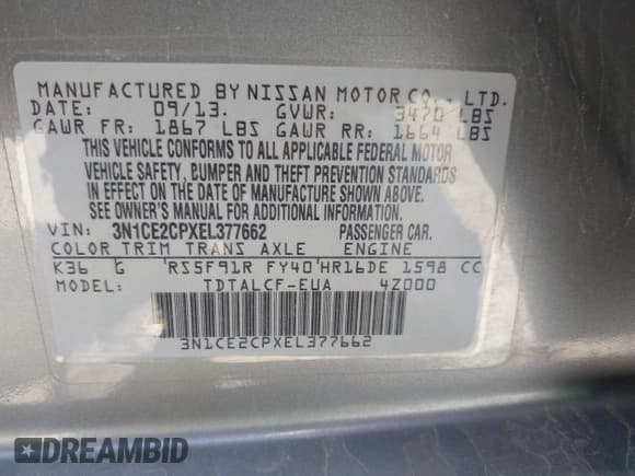 ✅ 2014 Nissan Note SV • VIN: 3N1CE2CPXEL377662 • Lot: 42497949. Listed on IAAI with 93,831 mi. Free auction sales archive from the USA and detailed vehicle history report at DreamBid. Image 9.