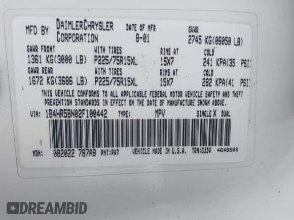 ✅ 2002 Dodge Durango • VIN: 1B4HR58N02F100442 • Lot: 42339663. Listed on IAAI with 173,248 mi. Free auction sales archive from the USA and detailed vehicle history report at DreamBid. Image 9.