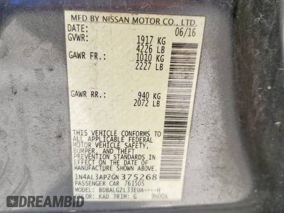 2016 Nissan Altima S с VIN 1N4AL3AP2GN375268, выставлен на аукционе Copart как лот 71222845 с пробегом 93 550 миль миль и Списание • Salvage title. История ставок и продаж доступна на DreamBid. Изображение 12.