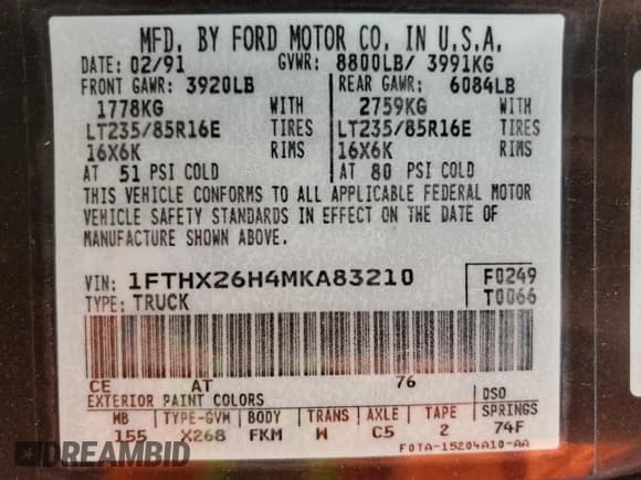 ✅ 1991 Ford F-250 • VIN: 1FTHX26H4MKA83210 • Lot: 67998035. Listed on Copart with 73,551 mi. Free auction sales archive from the USA and detailed vehicle history report at DreamBid. Image 12.