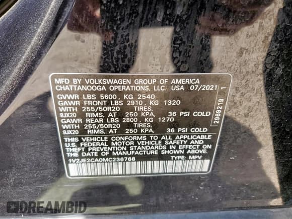 ✅ 2021 Volkswagen Atlas SE • VIN: 1V2JE2CA0MC236768 • Lot: 60675155. Listed on Copart with 48,800 mi. Free auction sales archive from the USA and detailed vehicle history report at DreamBid. Image 13.