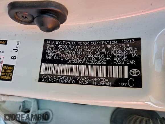 ✅ 2014 Toyota Prius • VIN: JTDKN3DPXE3052566 • Lot: 95787495. Listed on Copart with Not provided. Free auction sales archive from the USA and detailed vehicle history report at DreamBid. Image 12.