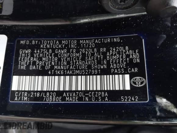 2021 Toyota Camry XSE с VIN 4T1K61AK3MU527991, выставлен на аукционе IAAI как лот 43170705 с пробегом 117 528 миль миль и . История ставок и продаж доступна на DreamBid. Изображение 9.