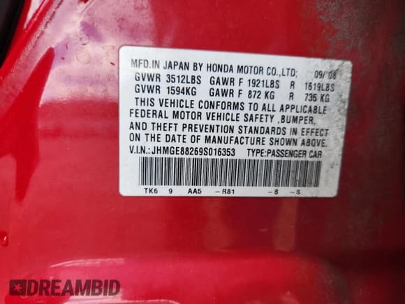 ✅ 2009 Honda Fit • VIN: JHMGE88269S016353 • Lot: 92920135. Listed on Copart with 159,717 mi. Free auction sales archive from the USA and detailed vehicle history report at DreamBid. Image 12.