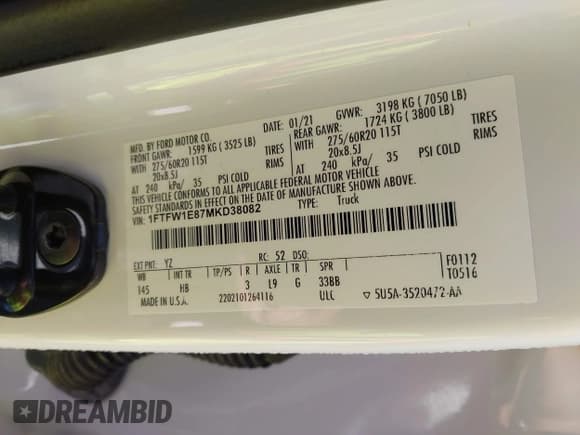 ✅ 2021 Ford F-150 XL • VIN: 1FTFW1E87MKD38082 • Lot: 42706160. Wystawiony na IAAI z przebiegiem 84 308 mil. Bezpłatny archiwum sprzedaży aukcyjnych z USA i szczegółowy raport historii pojazdu na DreamBid. Zdjęcie 9.