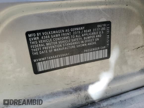 ✅ 2010 Volkswagen CC Sport • VIN: WVWMP7AN6AE558441 • Lot: 81805705. Listed on Copart with 147,322 mi. Free auction sales archive from the USA and detailed vehicle history report at DreamBid. Image 12.