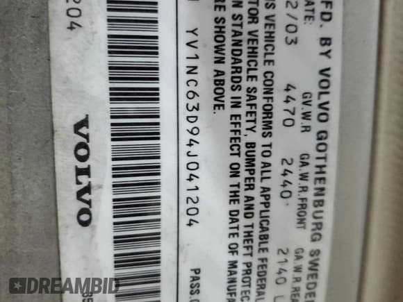 ✅ 2004 Volvo C70 • VIN: YV1NC63D94J041204 • Lot: 81899504. Listed on Copart with Not provided. Free auction sales archive from the USA and detailed vehicle history report at DreamBid. Image 12.