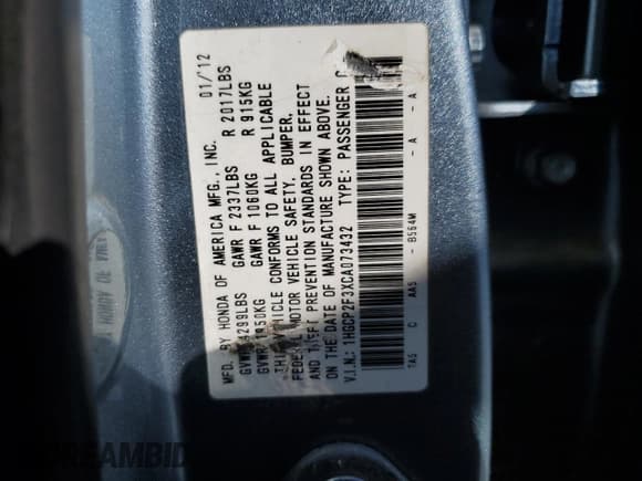 ✅ 2012 Honda Accord LX • VIN: 1HGCP2F3XCA073432 • Lot: 90794235. Listed on Copart with 193,675 mi. Free auction sales archive from the USA and detailed vehicle history report at DreamBid. Image 14.