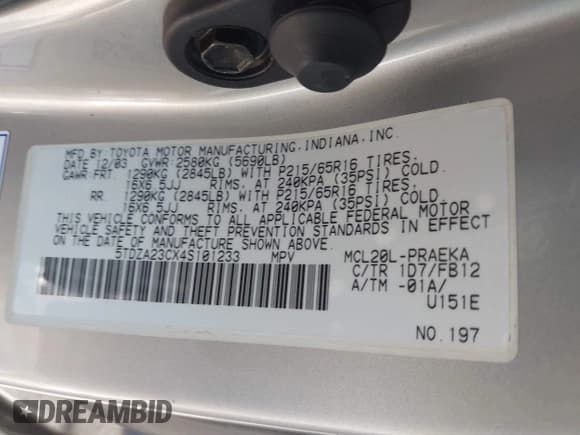 ✅ 2004 Toyota Sienna CE • VIN: 5TDZA23CX4S101233 • Lot: 43797357. Wystawiony na IAAI z przebiegiem 270 915 mil. Bezpłatny archiwum sprzedaży aukcyjnych z USA i szczegółowy raport historii pojazdu na DreamBid. Zdjęcie 9.