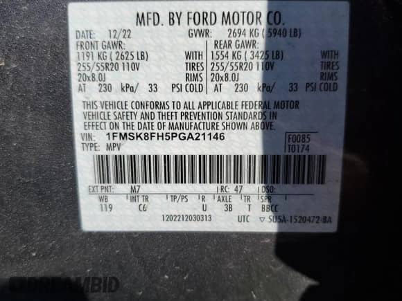 2023 Ford Explorer Limited z VIN 1FMSK8FH5PGA21146, wystawiony jako Copart lot #84456685 z przebiegiem 60 602 mil mil oraz Szkoda całkowita • Salvage title. Historia ofert i sprzedaży dostępna na DreamBid. Obrazek 13.