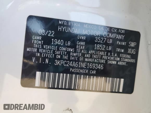 ✅ 2022 Hyundai Accent SE • VIN: 3KPC24A61NE169346 • Лот: 78325114. Опубликован ранее на Copart с пробегом 65 718 миль. Бесплатный доступ к архиву аукционных продаж из США и подробный отчёт об истории автомобиля на DreamBid. Изображение 13.