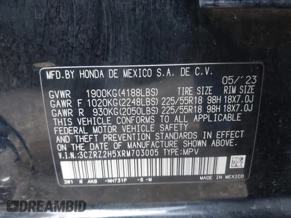 ✅ 2024 Honda HR-V Sport • VIN: 3CZRZ2H5XRM703005 • Lot: 43768207. Listed on IAAI with 45,864 mi. Free auction sales archive from the USA and detailed vehicle history report at DreamBid. Image 9.
