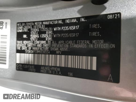 ✅ 2021 Toyota Sienna LE • VIN: 5TDKSKFC8MS036554 • Lot: 93127805. Listed on Copart with 274,181 mi. Free auction sales archive from the USA and detailed vehicle history report at DreamBid. Image 13.