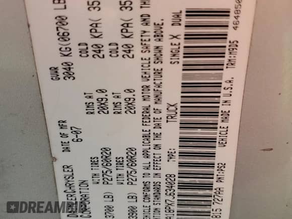 2007 Dodge 1500 SLT с VIN 1D7HA18PX7J634028, выставлен на аукционе Copart как лот 87014265 с пробегом 253 038 миль миль и Списание • Salvage title. История ставок и продаж доступна на DreamBid. Изображение 12.