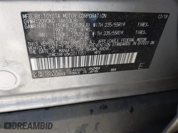 ✅ 2019 Toyota RAV4 XLE Premium • VIN: JTMC1RFV8KD011051 • Лот: 43291463. Опубликован ранее на IAAI с пробегом 113 878 миль. Бесплатный доступ к архиву аукционных продаж из США и подробный отчёт об истории автомобиля на DreamBid. Изображение 9.