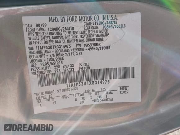✅ 1999 Ford Taurus SE • VIN: 1FAFP53U1XG314975 • Lot: 43888557. Wystawiony na IAAI z przebiegiem 109 373 mil. Bezpłatny archiwum sprzedaży aukcyjnych z USA i szczegółowy raport historii pojazdu na DreamBid. Zdjęcie 9.