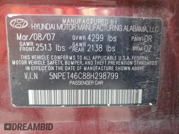 2008 Hyundai Sonata GLS with VIN 5NPET46C88H298799, listed as a Copart auction lot 84792995 with 187,564 mi miles and Clean title. Bid and sale history available at DreamBid. Image 12.