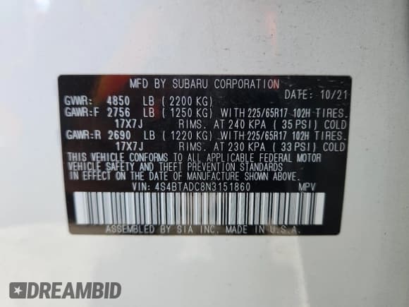 ✅ 2022 Subaru Outback Premium • VIN: 4S4BTADC8N3151860 • Lot: 71563155. Wystawiony na Copart z przebiegiem 95 897 mil. Bezpłatny archiwum sprzedaży aukcyjnych z USA i szczegółowy raport historii pojazdu na DreamBid. Zdjęcie 13.