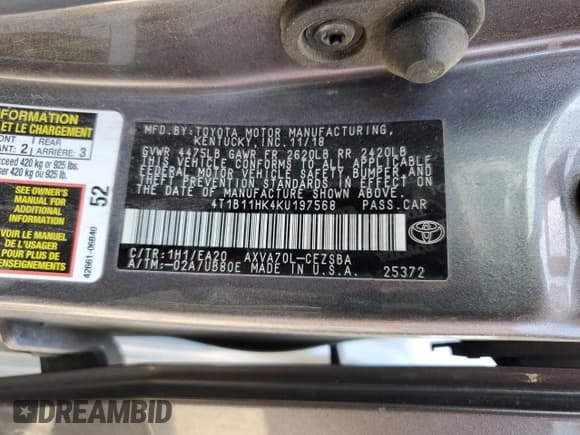 ✅ 2019 Toyota Camry LE • VIN: 4T1B11HK4KU197568 • Лот: 55860915. Опубликован ранее на Copart с пробегом 72 711 миль. Бесплатный доступ к архиву аукционных продаж из США и подробный отчёт об истории автомобиля на DreamBid. Изображение 13.