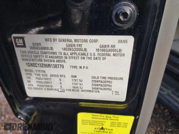 ✅ 2006 Chevrolet Tahoe LS • VIN: 1GNEC13Z86R138779 • Лот: 41282372. Опубликован ранее на IAAI с пробегом Не указан. Бесплатный доступ к архиву аукционных продаж из США и подробный отчёт об истории автомобиля на DreamBid. Изображение 9.