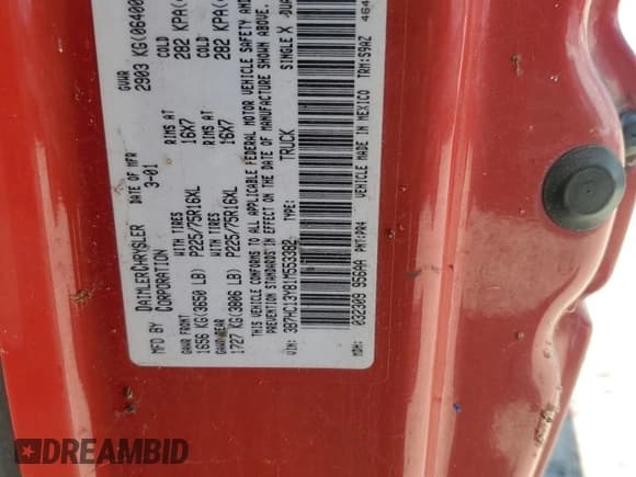 ✅ 2001 Dodge 1500 • VIN: 3B7HC13Y81M553382 • Lot: 59171165. Listed on Copart with 129,737 mi. Free auction sales archive from the USA and detailed vehicle history report at DreamBid. Image 12.