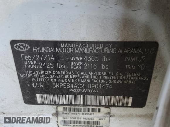 ✅ 2014 Hyundai Sonata GLS • VIN: 5NPEB4AC2EH904474 • Lot: 59893454. Listed on Copart with 126,673 mi. Free auction sales archive from the USA and detailed vehicle history report at DreamBid. Image 12.