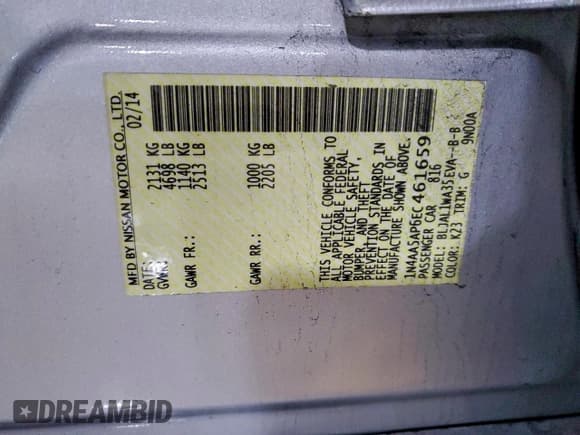 ✅ 2014 Nissan Maxima SV • VIN: 1N4AA5AP6EC461659 • Lot: 96037555. Listed on Copart with 143,487 mi. Free auction sales archive from the USA and detailed vehicle history report at DreamBid. Image 12.