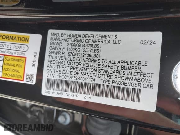 ✅ 2024 Honda Accord Sport • VIN: 1HGCY2F59RA041174 • Lot: 43107708. Wystawiony na IAAI z przebiegiem 12 706 mil. Bezpłatny archiwum sprzedaży aukcyjnych z USA i szczegółowy raport historii pojazdu na DreamBid. Zdjęcie 9.