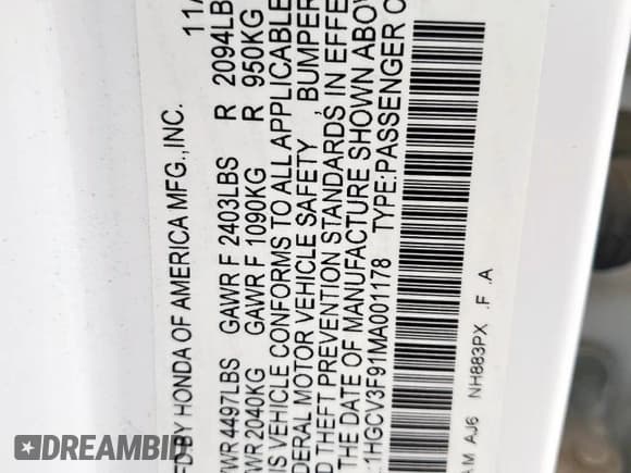 ✅ 2021 Honda Accord Touring • VIN: 1HGCV3F91MA001178 • Lot: 90240075. Listed on Copart with 54,191 mi. Free auction sales archive from the USA and detailed vehicle history report at DreamBid. Image 13.