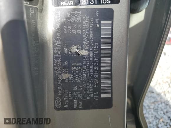 ✅ 2007 Hyundai Santa Fe SE • VIN: 5NMSH73E27H110155 • Lot: 84842354. Listed on Copart with 245,947 mi. Free auction sales archive from the USA and detailed vehicle history report at DreamBid. Image 13.