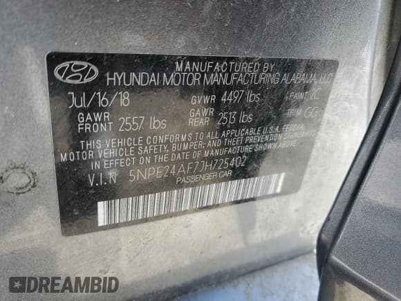 ✅ 2018 Hyundai Sonata SE • VIN: 5NPE24AF7JH725402 • Lot: 41702983. Listed on Copart with 81,598 mi. Free auction sales archive from the USA and detailed vehicle history report at DreamBid. Image 12.