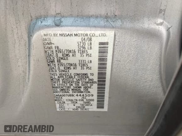 ✅ 2008 Nissan Frontier SE • VIN: 1N6AD07U88C444509 • Lot: 43887140. Listed on IAAI with 100,063 mi. Free auction sales archive from the USA and detailed vehicle history report at DreamBid. Image 9.