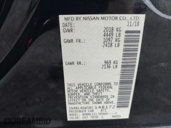 ✅ 2019 Nissan Altima SL • VIN: 1N4BL4EW5KC148172 • Lot: 42777506. Listed on IAAI with 64,497 mi. Free auction sales archive from the USA and detailed vehicle history report at DreamBid. Image 9.