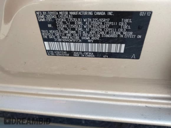 ✅ 2012 Toyota RAV4 • VIN: 2T3BF4DV4CW191734 • Lot: 43786228. Listed on IAAI with 135,249 mi. Free auction sales archive from the USA and detailed vehicle history report at DreamBid. Image 9.