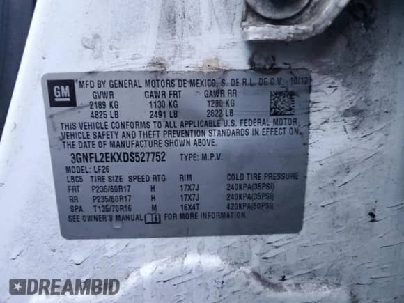 2013 Chevrolet Captiva Sport LS с VIN 3GNFL2EKXDS527752, выставлен на аукционе Copart как лот 83315224 с пробегом 133 237 миль миль и Списание • Salvage title. История ставок и продаж доступна на DreamBid. Изображение 13.