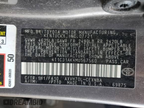 2021 Toyota Camry Hybrid LE with VIN 4T1C31AK4MU567560, listed as a Copart auction lot 70714425 with 185,505 mi miles and Salvage title. Bid and sale history available at DreamBid. Image 12.