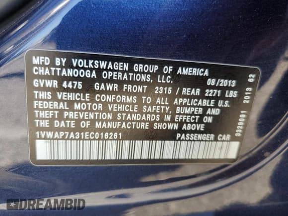 ✅ 2014 Volkswagen Passat S • VIN: 1VWAP7A31EC016261 • Lot: 56760275. Listed on Copart with 169,122 mi. Free auction sales archive from the USA and detailed vehicle history report at DreamBid. Image 12.