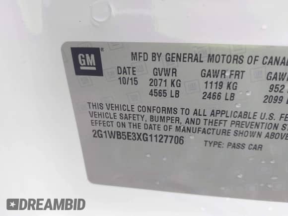 2016 Chevrolet Impala LT with VIN 2G1WB5E3XG1127706, listed as a IAAI auction lot 43407642 with 145,236 mi miles and . Bid and sale history available at DreamBid. Image 9.