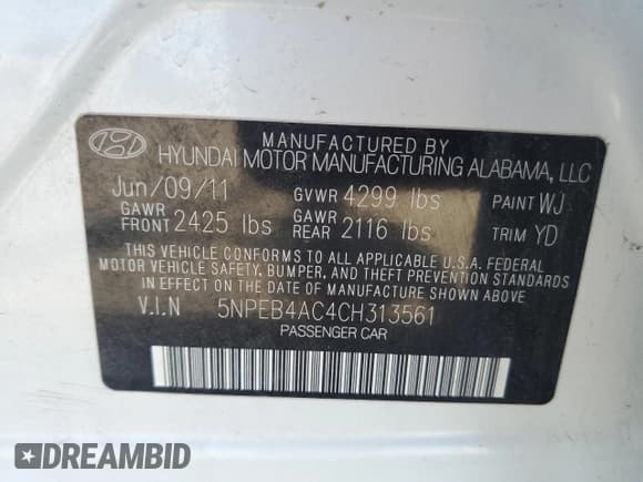 ✅ 2012 Hyundai Sonata GLS • VIN: 5NPEB4AC4CH313561 • Lot: 69263814. Listed on Copart with 100,478 mi. Free auction sales archive from the USA and detailed vehicle history report at DreamBid. Image 12.